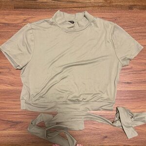 Tie-Wrap Mock Neck Crop Top in Olive Green
